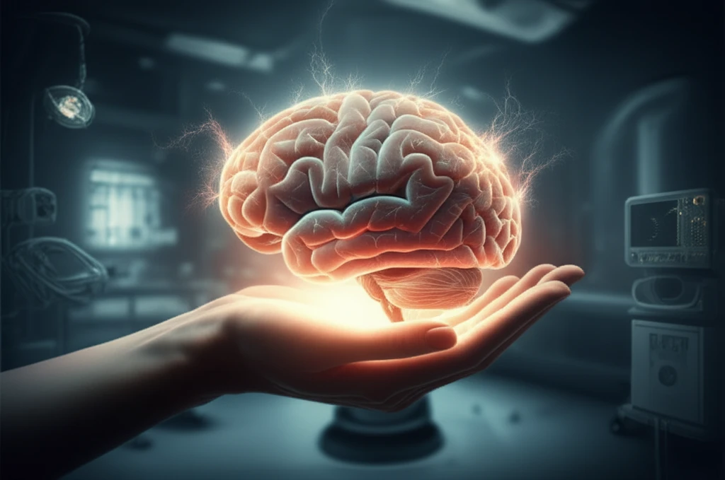 Gentle hand cradling a glowing brain, symbolizing neuroprotection for preterm infants.