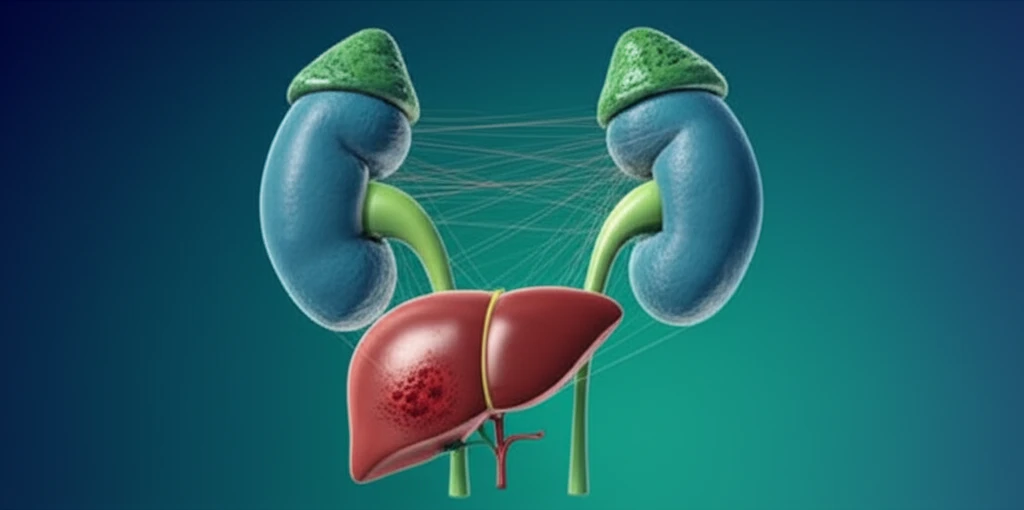 Illustration of adrenal glands and liver with metastatic connections