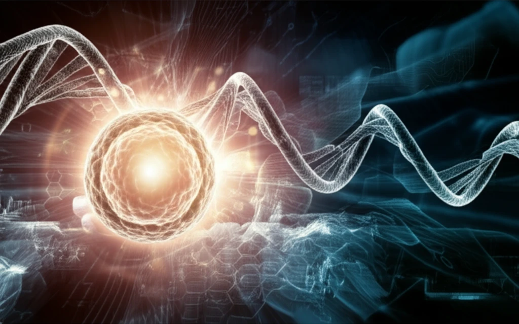 Glowing skin cell with DNA strands, symbolizing skin cancer research and hope.