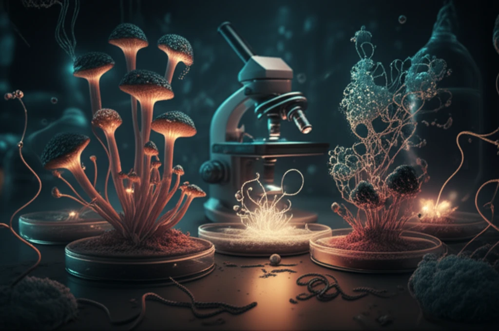 Surreal image of mushrooms growing in a lab, symbolizing the future of biopolymer production.