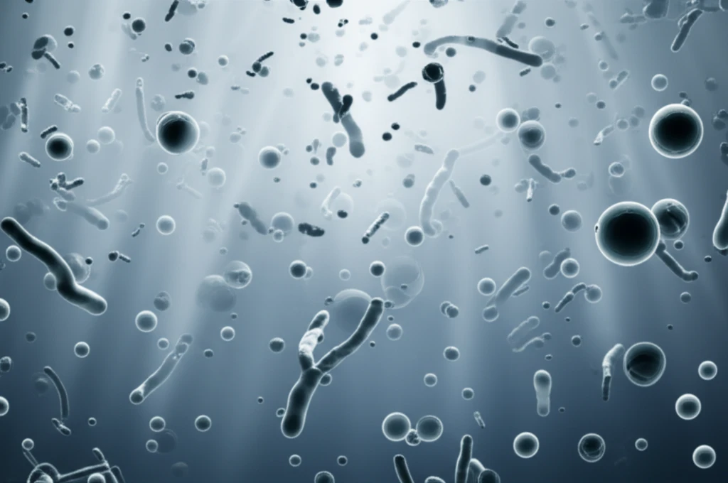 Microscopic view of airborne particles with light beams symbolizing advanced air quality monitoring.