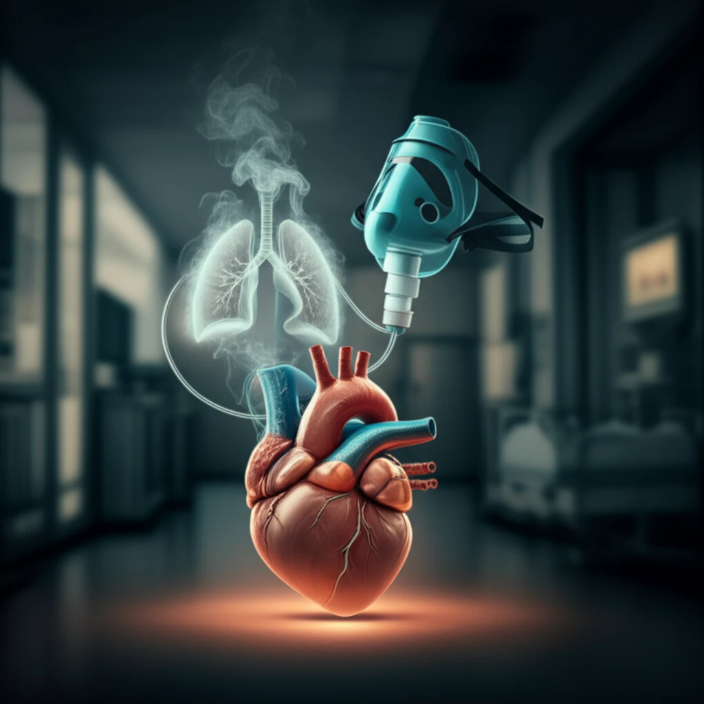 Nebulizer mask floating above a heart, symbolizing pneumonia treatment after surgery.
