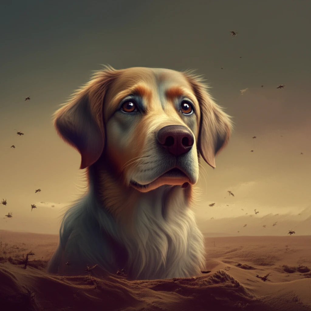 Worried dog in a landscape with sandfly silhouettes, symbolizing the threat of Leishmaniasis.