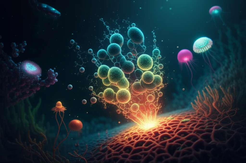 Microscopic view of marine fungus with Curvulaide A molecular structure.