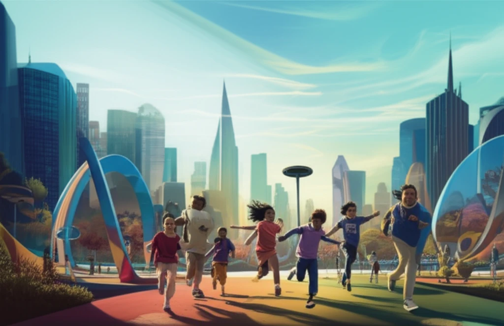 A diverse group of children playing in a futuristic park, symbolizing health equality and the potential for positive change in addressing childhood obesity.