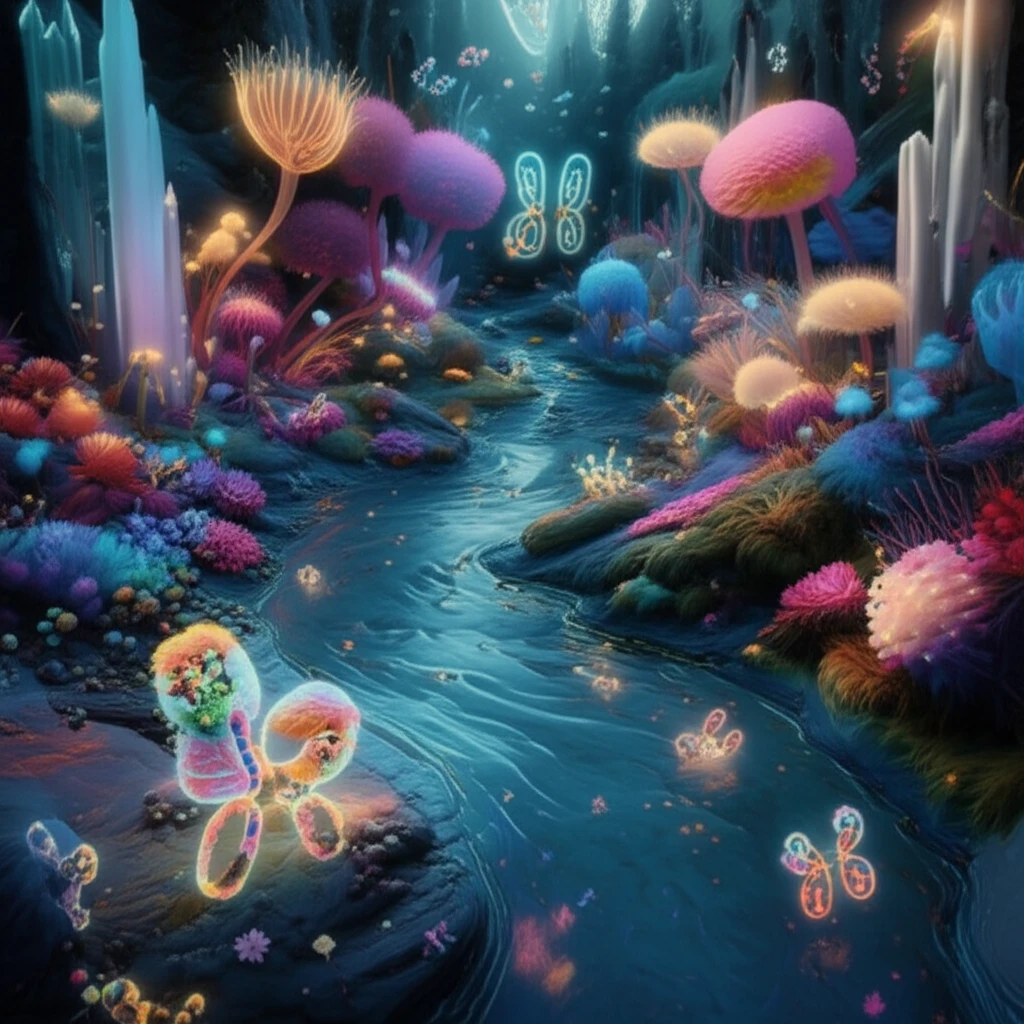 Futuristic stream with glowing molecular structures capturing pollutants, representing advanced water purification.