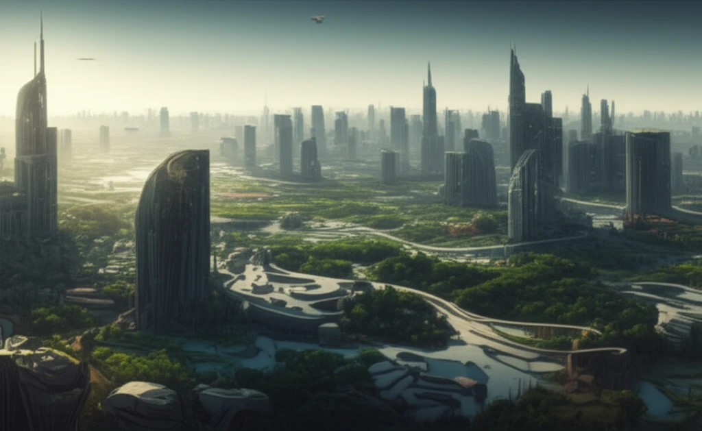 Futuristic cityscape merging with a green landscape, representing Vietnam's Economic Zones.
