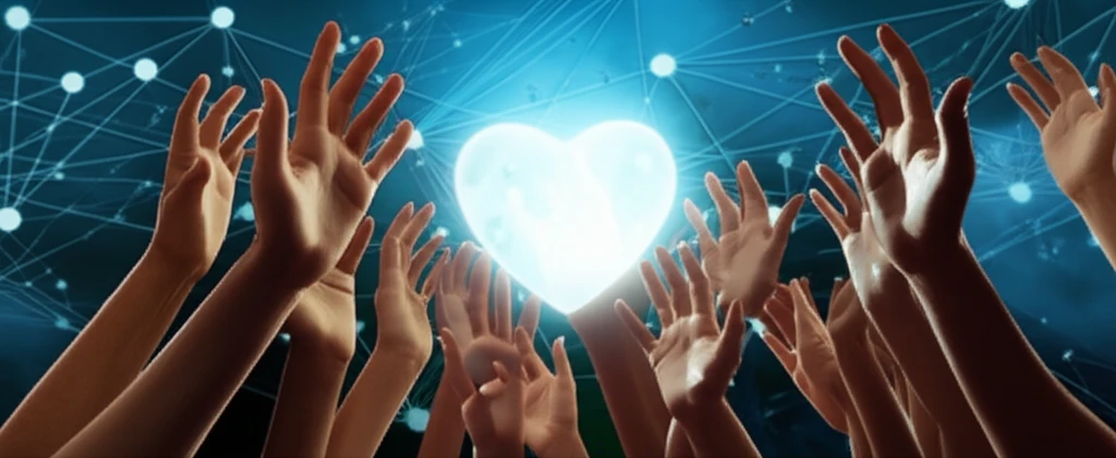 Diverse hands reaching for a glowing heart, symbolizing equitable healthcare access.