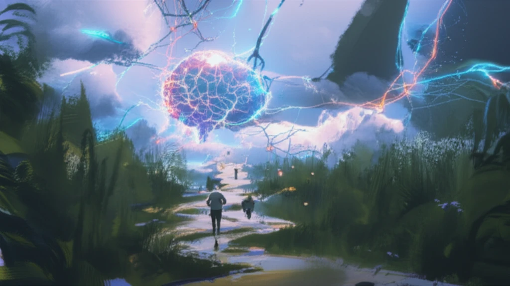 Illustration of a person jogging on a forest path with brain-shaped clouds.