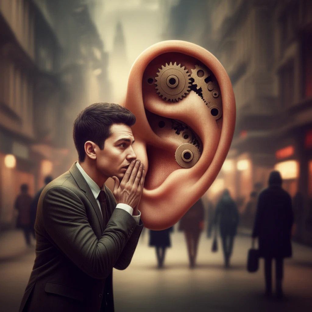 Image illustrating the impact of lobbying on public opinion, featuring a person whispering into a giant ear with gears inside.