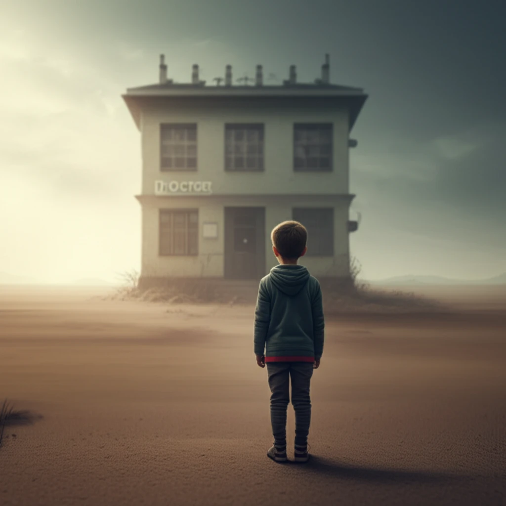A child gazes at a distant, shrinking doctor's office, symbolizing reduced access to pediatric healthcare.