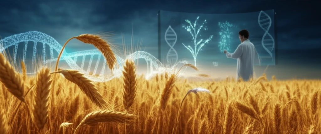 Wheat field with DNA strands, representing CRES-T technology and plant genetic modification.