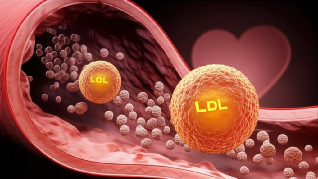 Illustration of small, dense LDL particles contributing to artery damage.