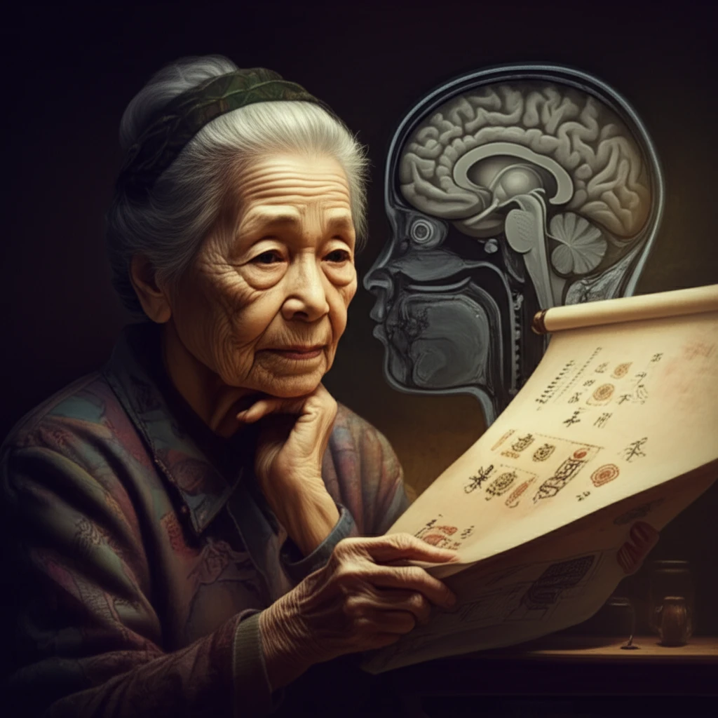 Elderly woman contemplating memory symbols on a scroll.