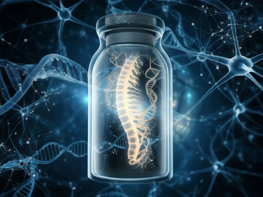 Glowing spinal cord inside a glass vial, representing spinal fluid analysis for motor neuron diseases.
