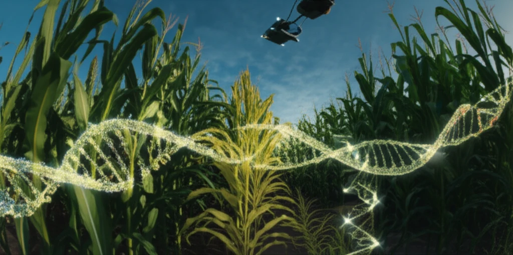 Cornfield with glowing DNA strands and electronic probe.