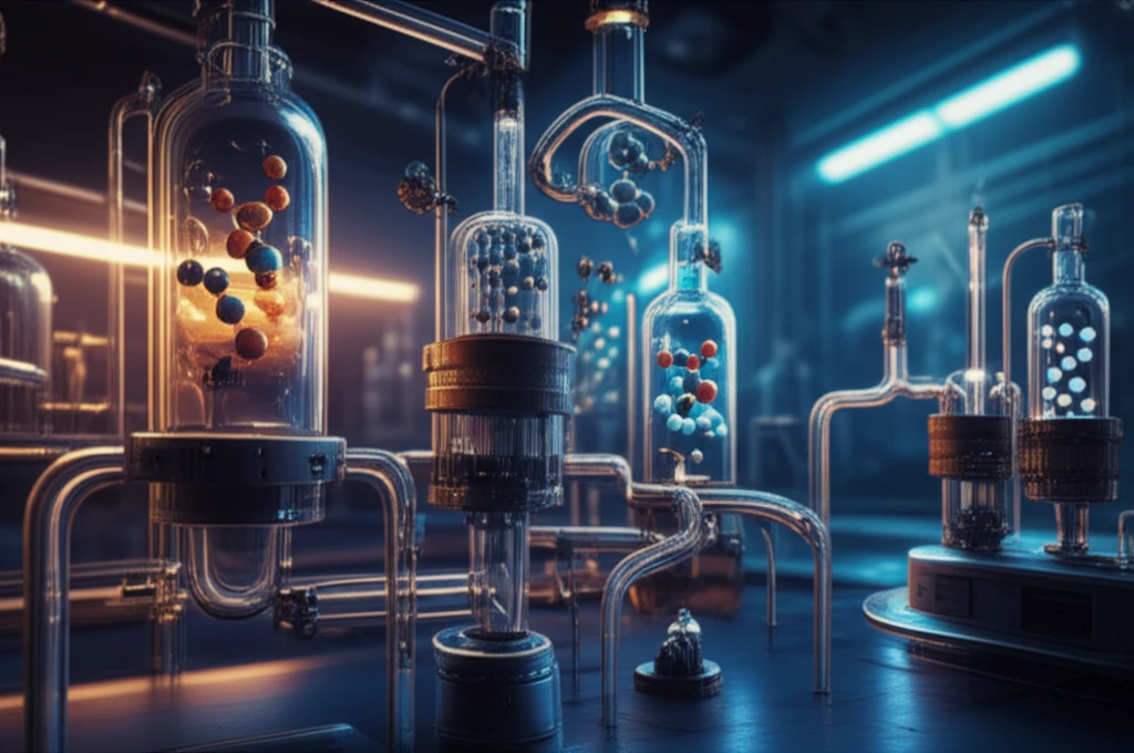 Continuous API Synthesis: A futuristic pharmaceutical manufacturing facility with continuous flow reactors and heterogeneous catalysts.