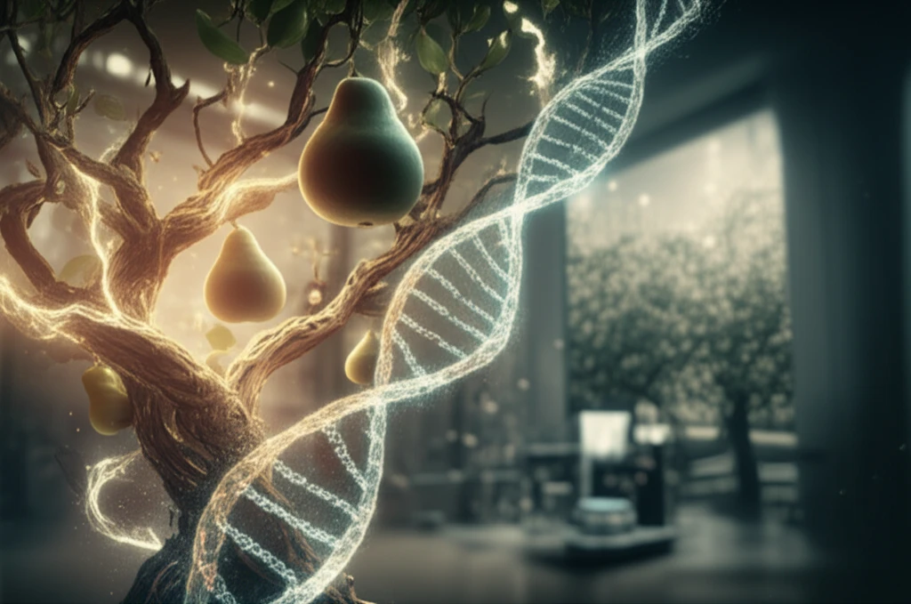 A surreal illustration of pear tree branches interwoven with DNA, representing genetic research for sweeter fruit.