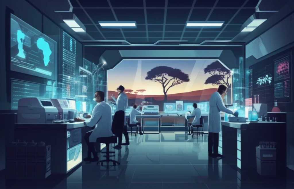 Futuristic lab in Swaziland with scientists conducting HIV viral load testing using the Biocentric platform.