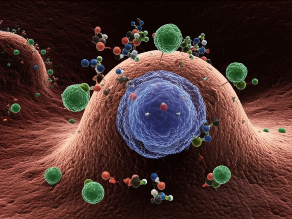 A surreal illustration of cancer cell being targeted by molecular inhibitors in a hypoxic environment.