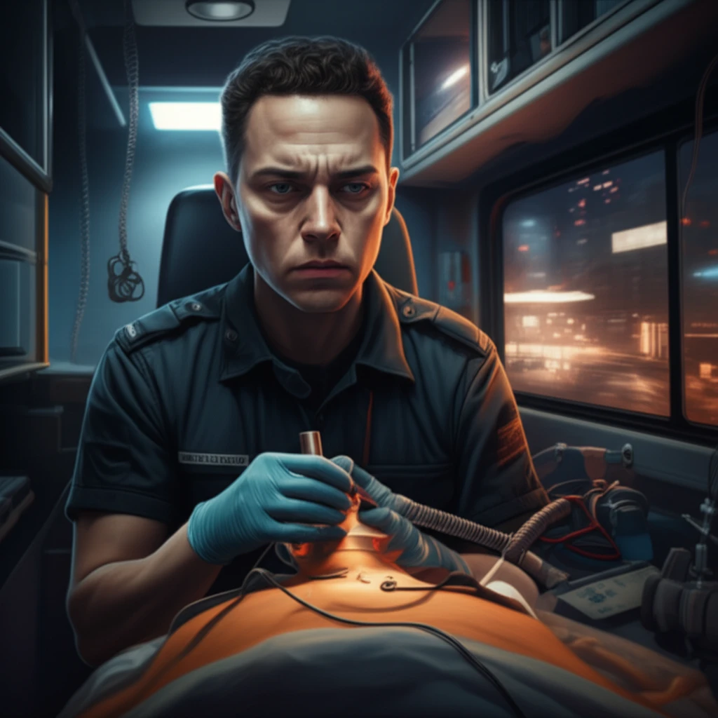 EMT performing intubation in a moving ambulance.