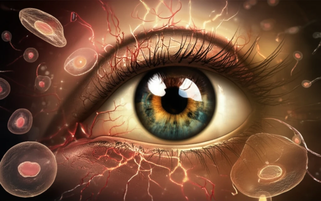 Digital illustration of an eye with glowing vessels and floating stem cells, representing stem cell therapy for diabetic retinopathy.