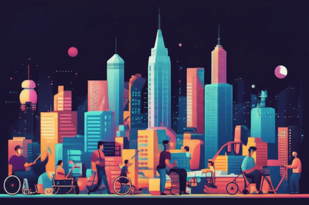A diverse group of people building an inclusive city skyline symbolizing equitable access to health and opportunities.