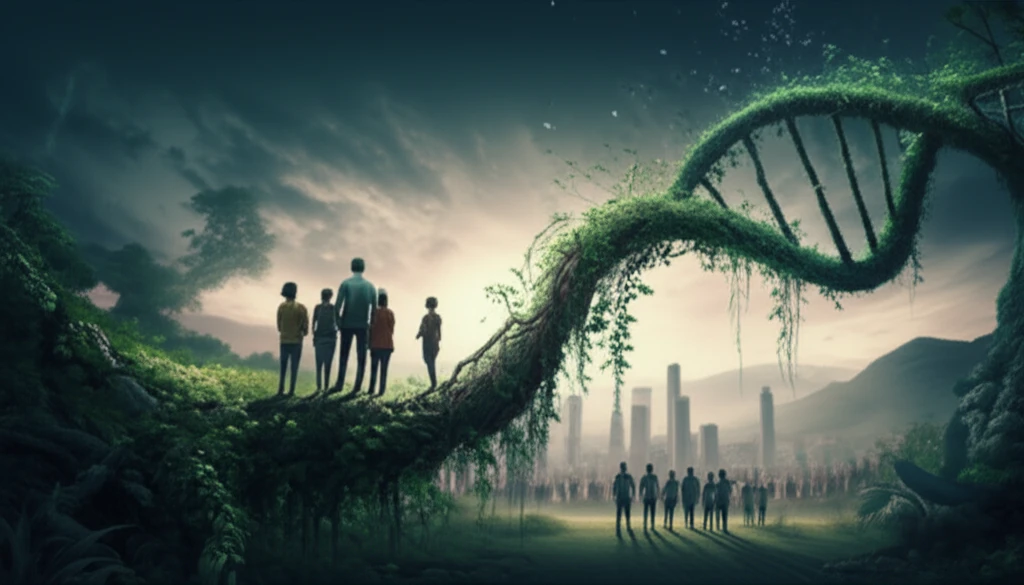 A surreal illustration of a DNA strand connecting people with cityscape and nature backgrounds.