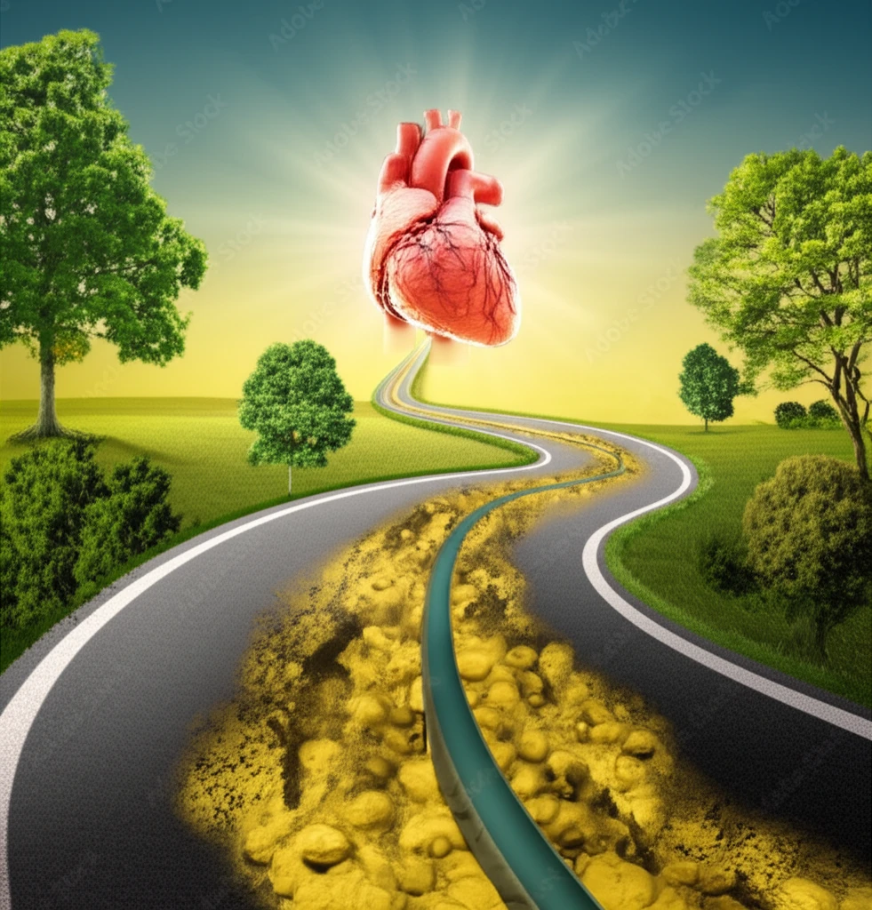 A winding road symbolizing arteries being cleared of cholesterol plaques by healthy lifestyle choices, leading to a healthy heart.