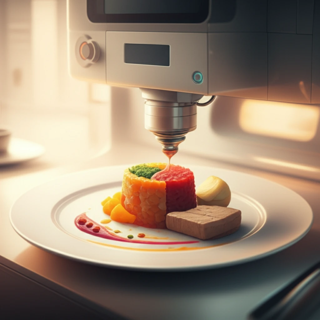 3D food printer creating a personalized meal for an elderly person.