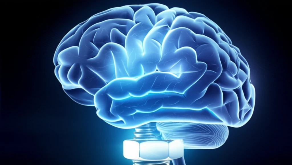 Illustration of a brain with glowing ventricles connected to a shining bolt, representing reduced complications in EVD.