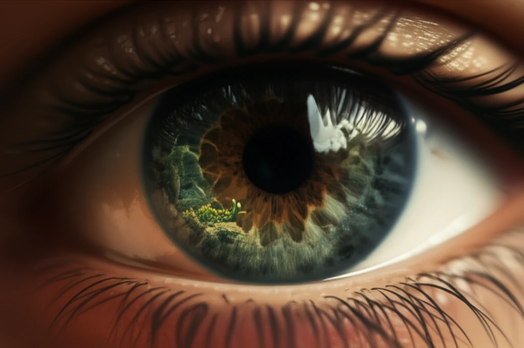 Eye reflecting a garden scene, symbolizing fungal keratitis risk for gardeners