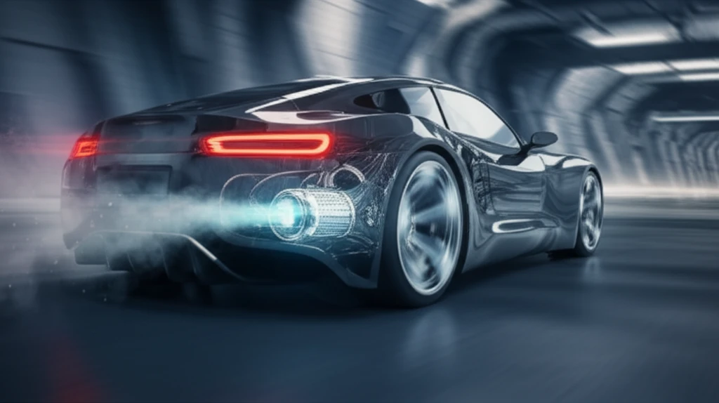 Futuristic car emitting clean air with aerogel catalytic converter.