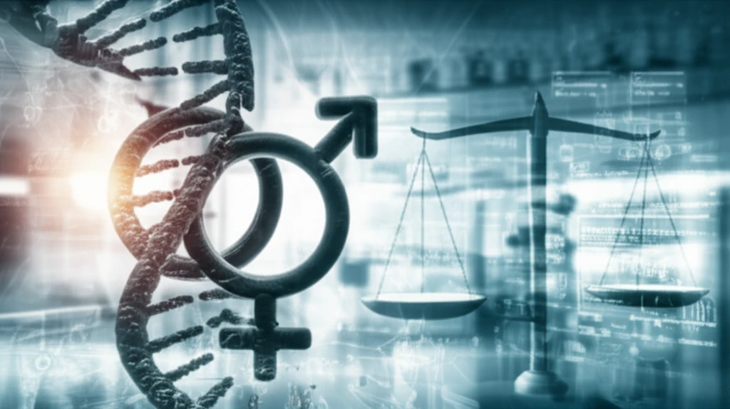 DNA helix intertwining gender symbols representing equality in medical research.