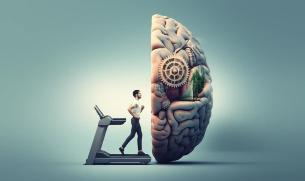 A person running on a treadmill that transforms into a brain.