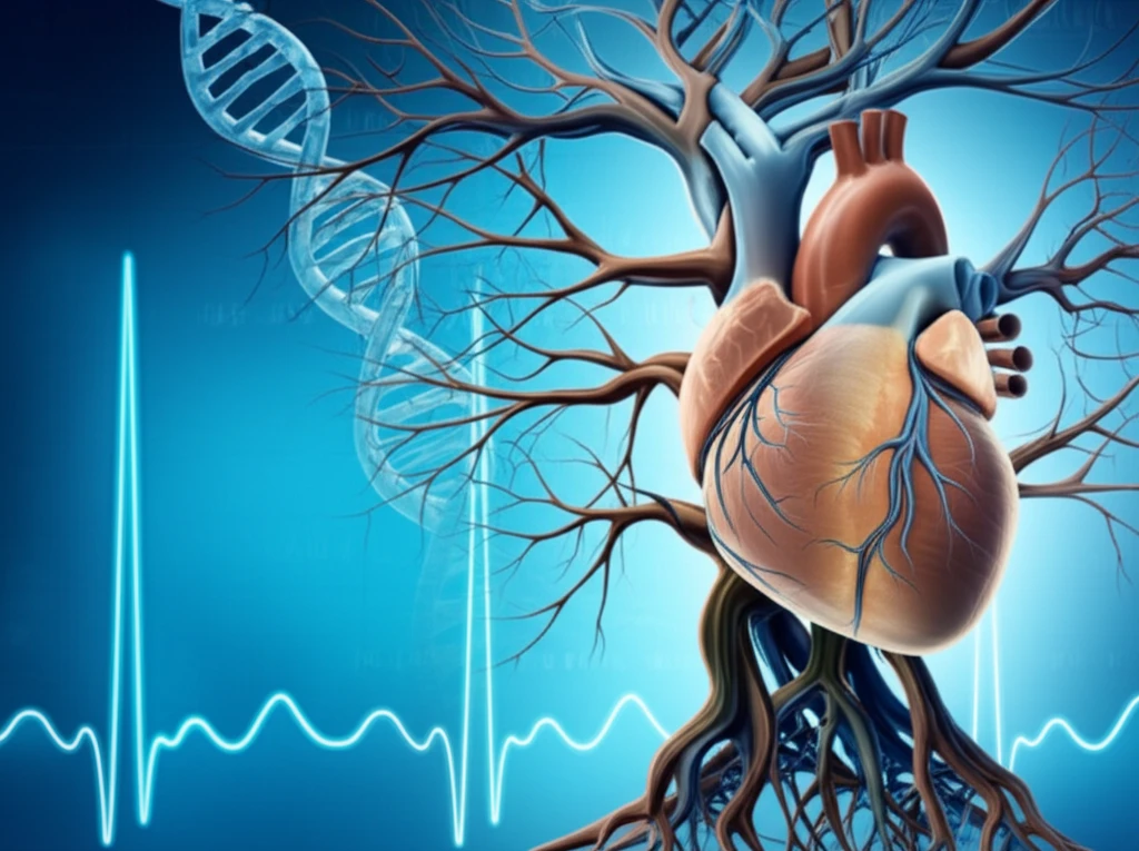 Family tree intertwined with a human heart, DNA strands, and cardiogram illustrating the intersection of genetics, family history, and cardiac health in understanding dilated cardiomyopathy.