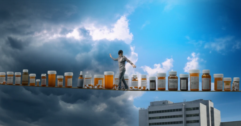 A patient balancing medication bottles on a tightrope, symbolizing the challenges of cancer treatment and the importance of medication adherence.