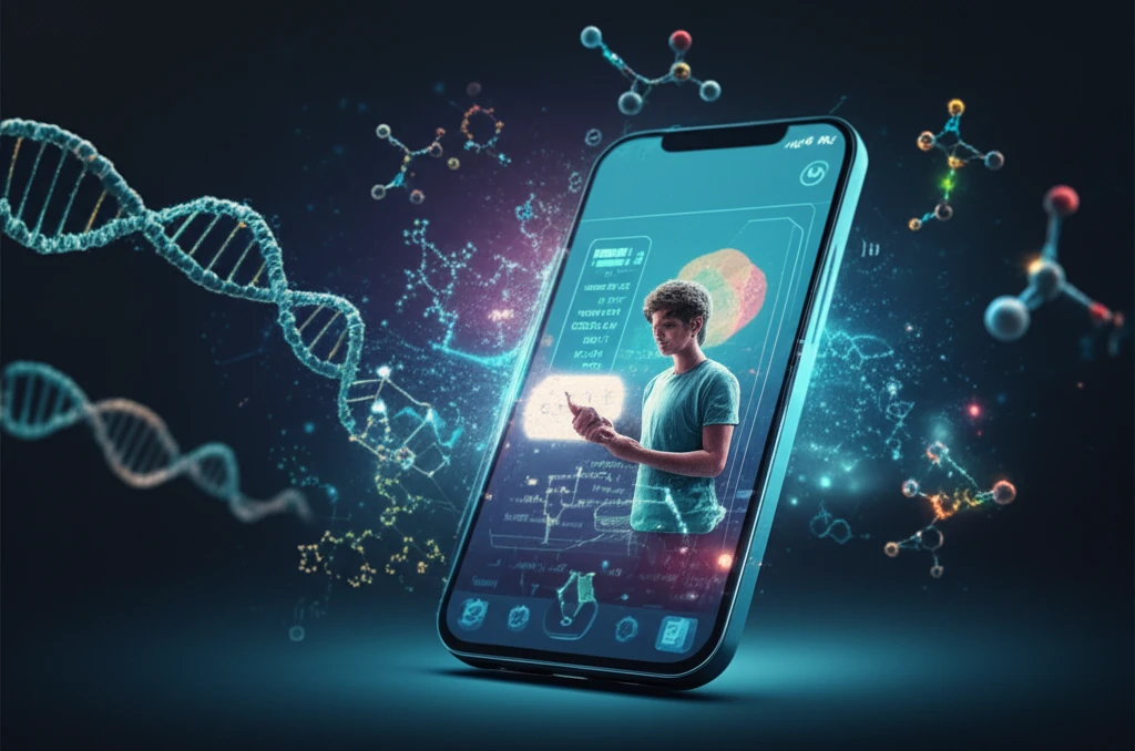Surreal illustration of a student using WeChat for biochemistry studies.