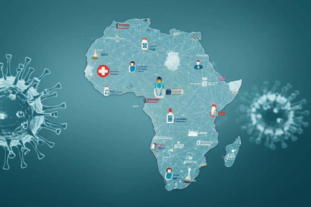 Stylized map of Africa with interconnected healthcare nodes, symbolizing pandemic preparedness.
