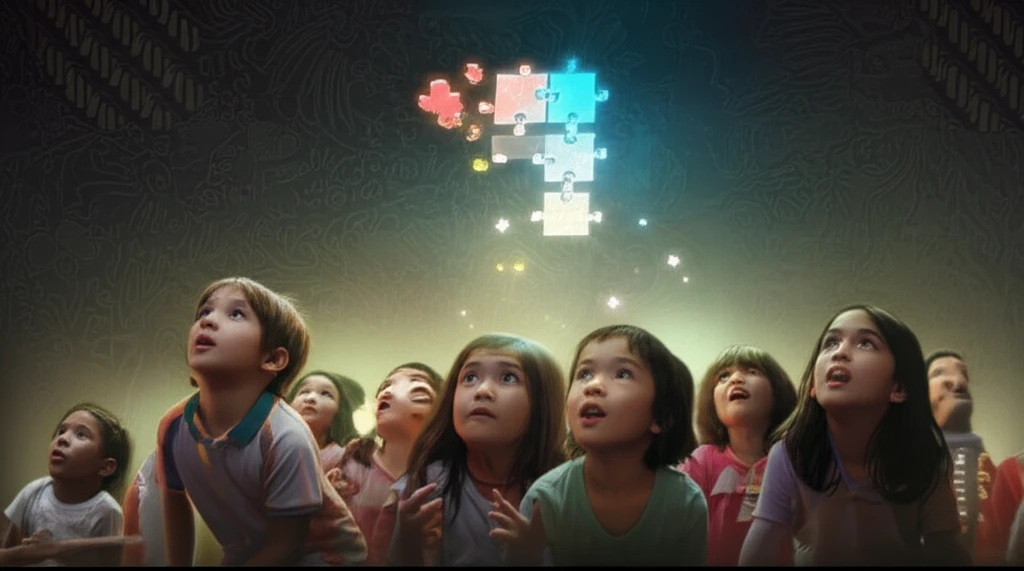 Children solving glowing puzzles in Indonesia, symbolizing cognitive development.