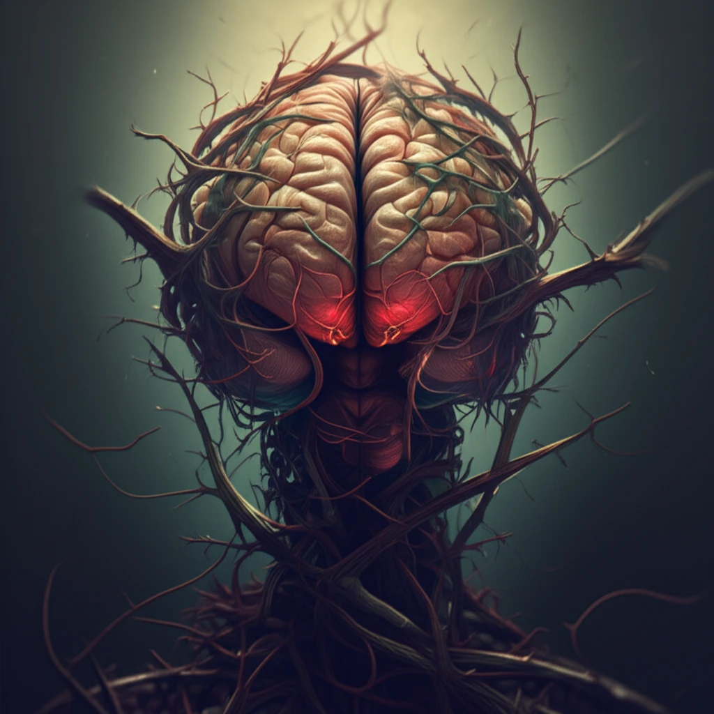 Brain entangled in vines, symbolizing cognitive impairment in depression.