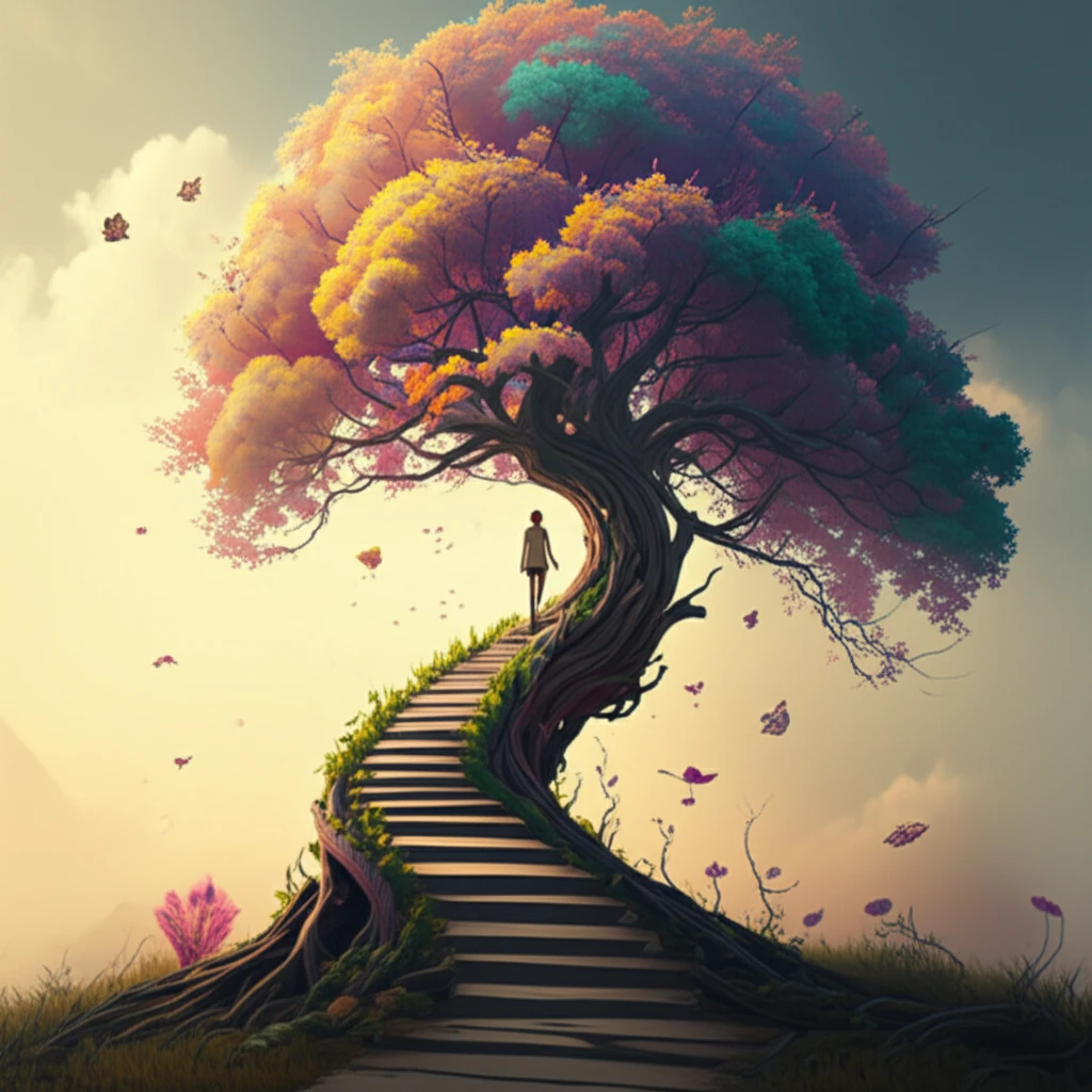 Person climbing a staircase transforming into a tree, symbolizing mental health recovery.