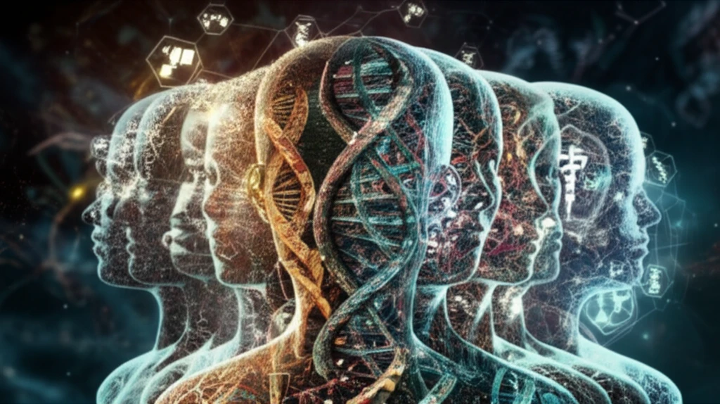 Interwoven DNA strands forming human figures, symbolizing diverse ethnic groups, set against a backdrop of interconnected global health icons.