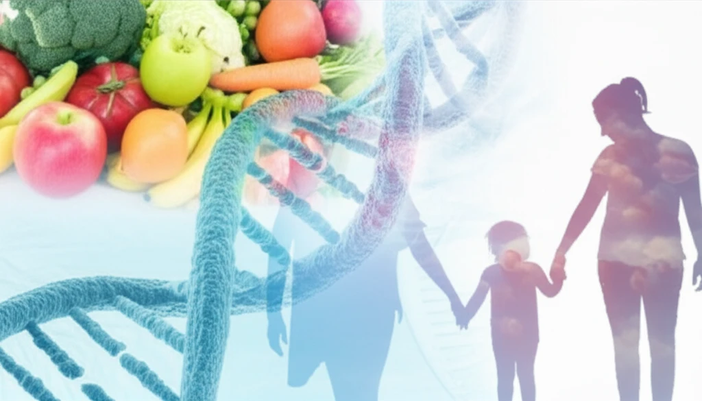 Interconnected DNA strands, fruits, and silhouette representing food allergy risks.