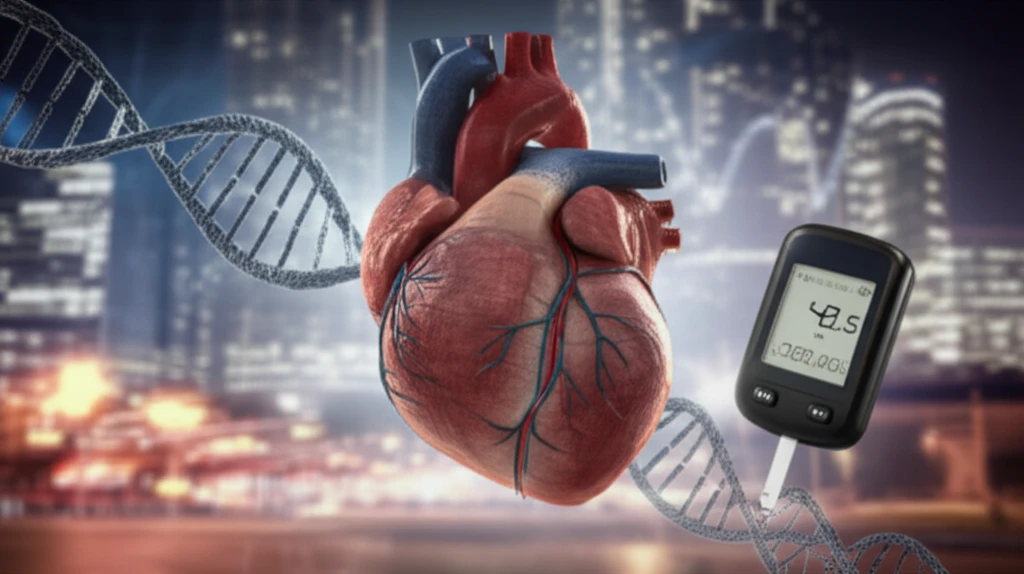 Heart intertwined with DNA and blood glucose monitor, symbolizing cardiac arrest and diabetes.