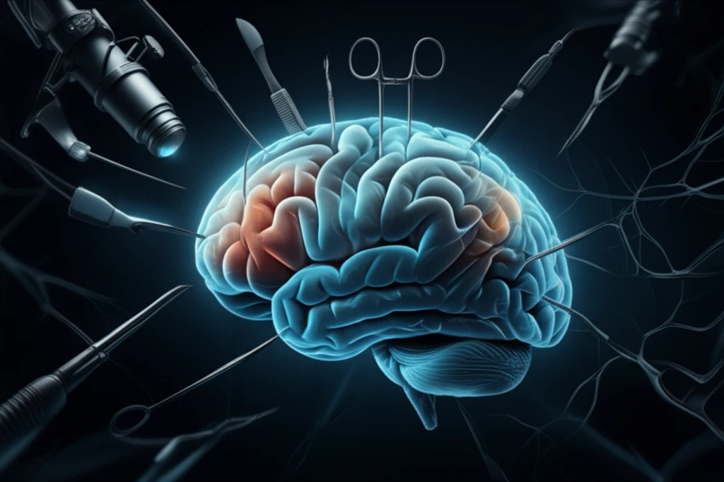 Surreal illustration of a brain intertwined with surgical tools, representing the balance of intellect and skill in neurosurgery.