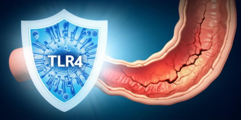 Illustration of a damaged esophagus being healed by a shield that represents TLR4 inhibitors.