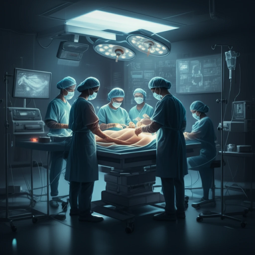Team of medical professionals collaboratively managing a crisis in a technologically advanced delivery room.
