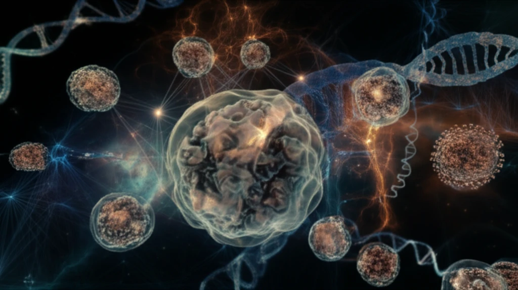 Surreal illustration of 3D organoids floating in space, representing stem cell research.
