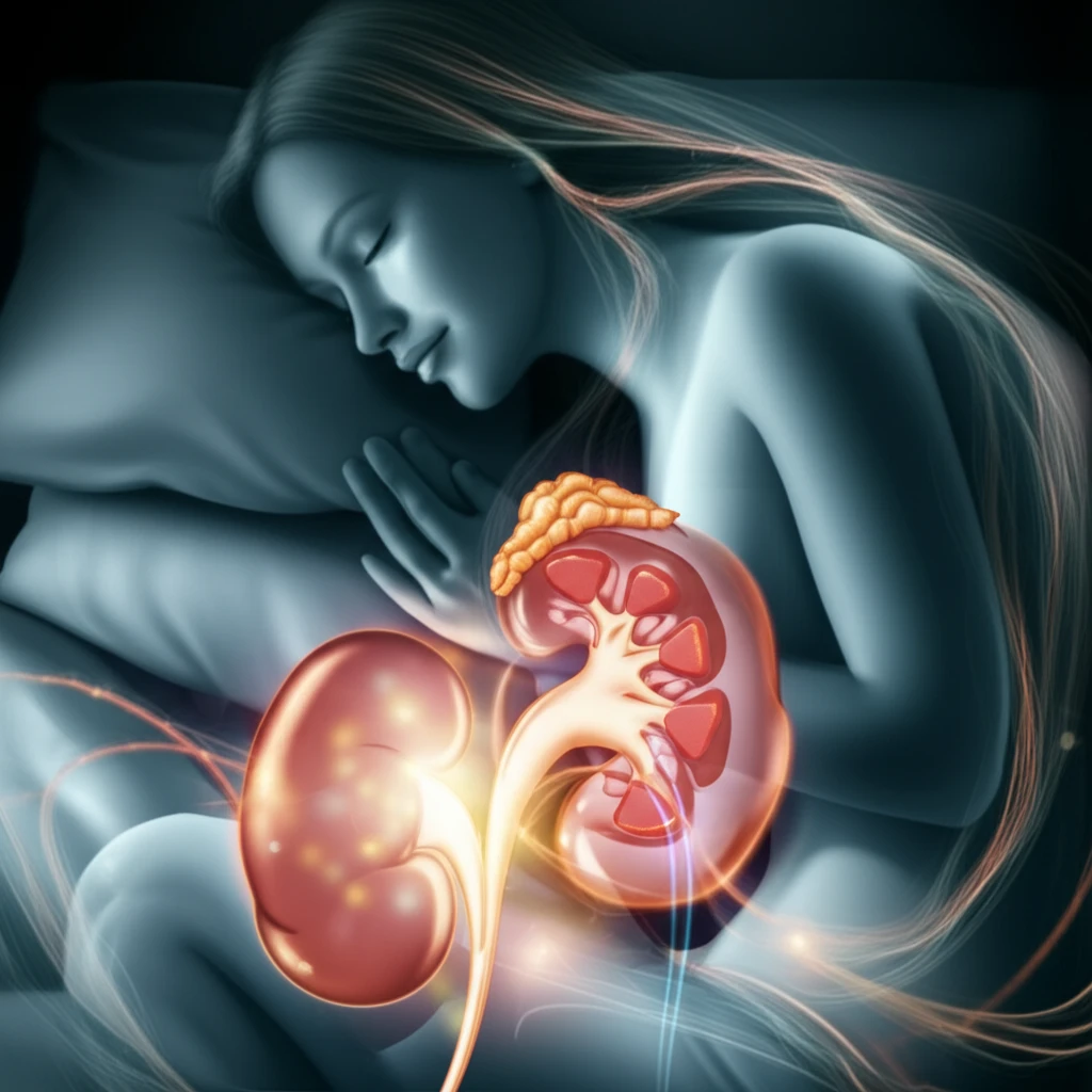 Surreal illustration of a sleeping person with a glowing kidney and heart intertwined, symbolizing the connection between sleep, kidney health, and cardiovascular function.